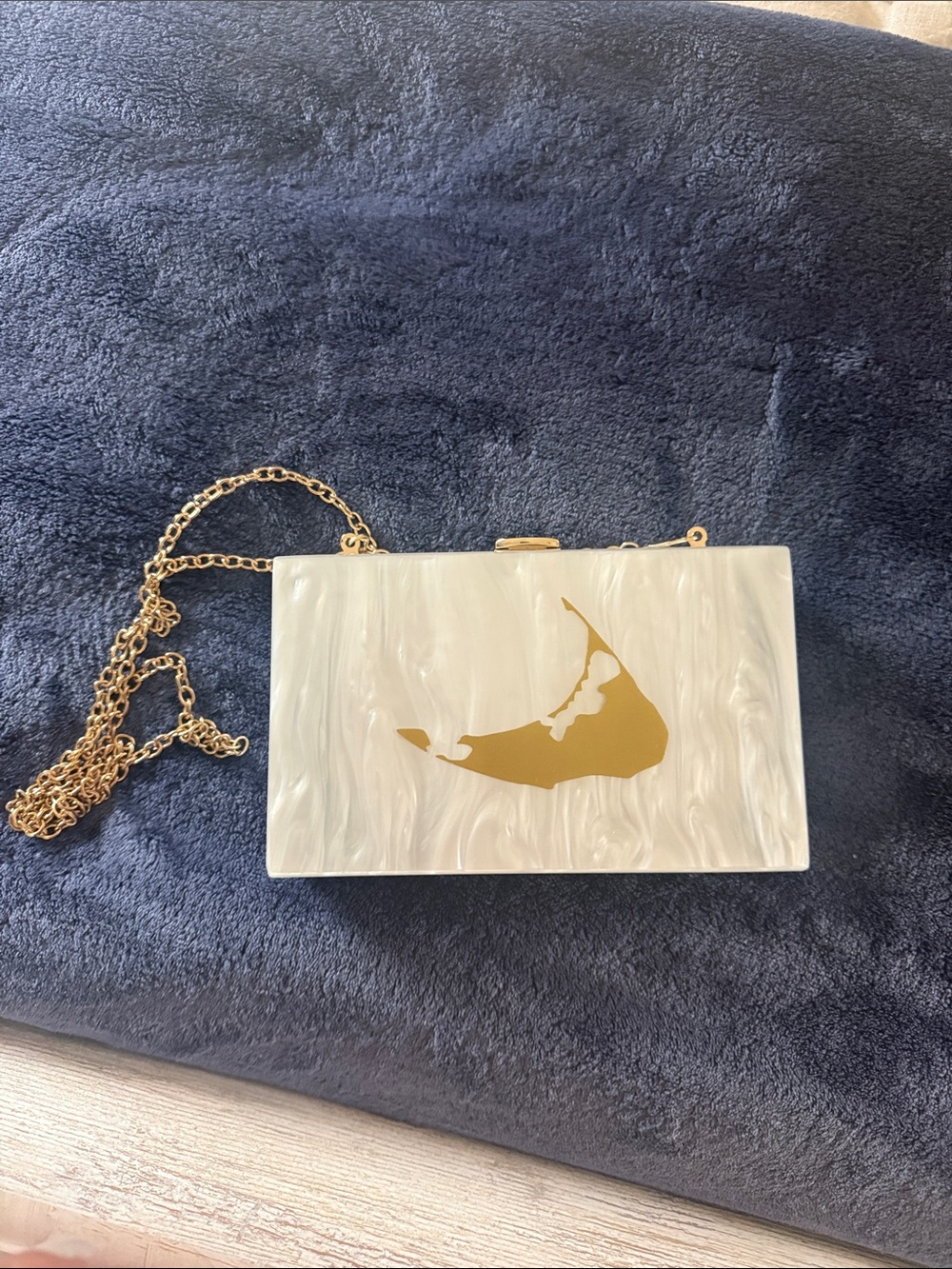 Nantucket Pearlescent White Acrylic Clutch with Gold Accent Chain
